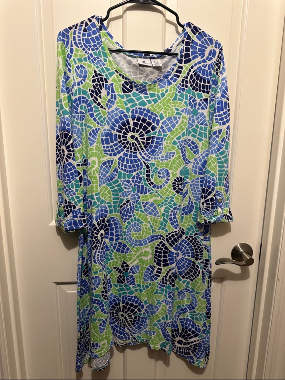 Caribbean Joe Blue, Navy & Green Mosaic Floral Tunic Dress